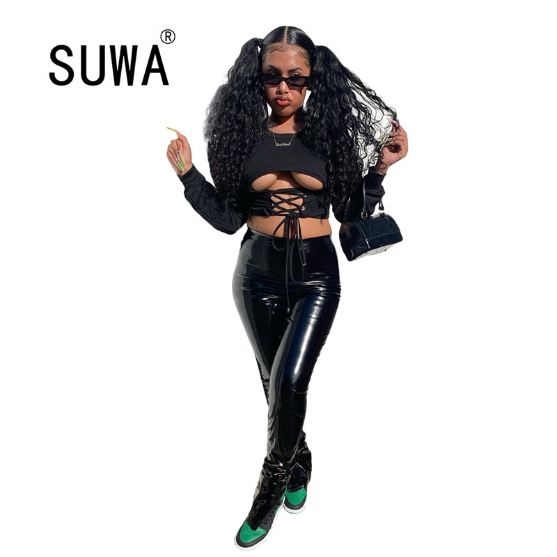 

Bandage Two Piece Set Women Fitness Long Sleeve Crop Top Leggings Elastic High Casual Skinny Street Sexy Club Outfit 210525, Black