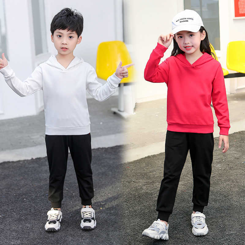 

Blank children's hooded suit autumn boys' Hooded Sweater two-piece girls' suit, Pink + black