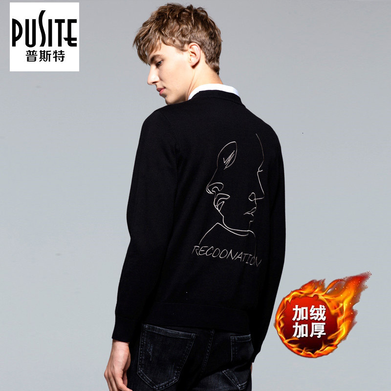 

sweater knit pusite autumn and winter plush men's slim round neck pullover thickened, White;black