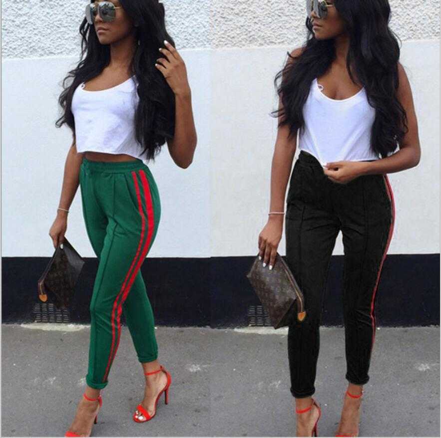 

Side Women 2019 Stripe New Pants High Waist Elastic Ladies Casual Streetwear Fashion Slim-fit Patch Pencil Pants Ankle-length Sports Trouser, Black