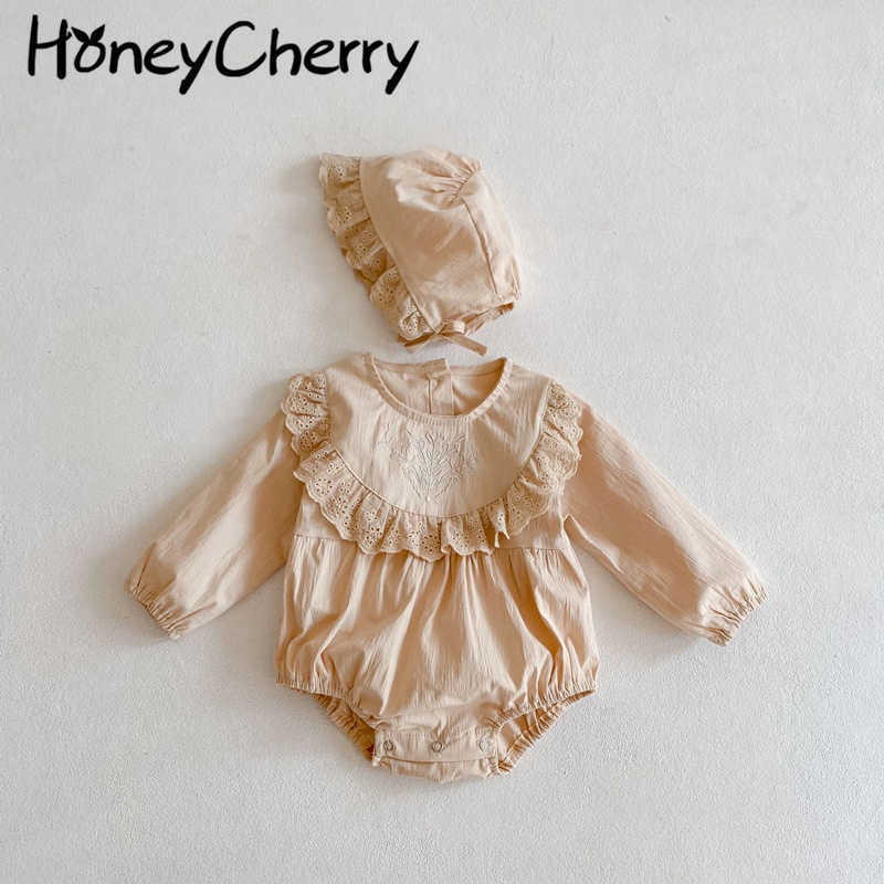

Spring and Autumn round neck Bodysuits embroidered long-sleeved leotard baby Triangle Romper climbing clothes 210701, Apricot
