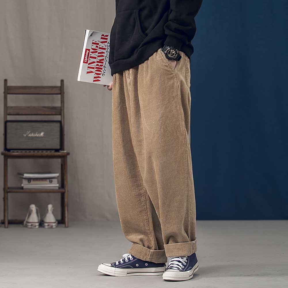 

2021 New Tenancy Male Corduroy Straight Autumn Retro Loose Baggy Overalls Casual Street-style Hare Man-clothes Pants 9e0p, Khaki2