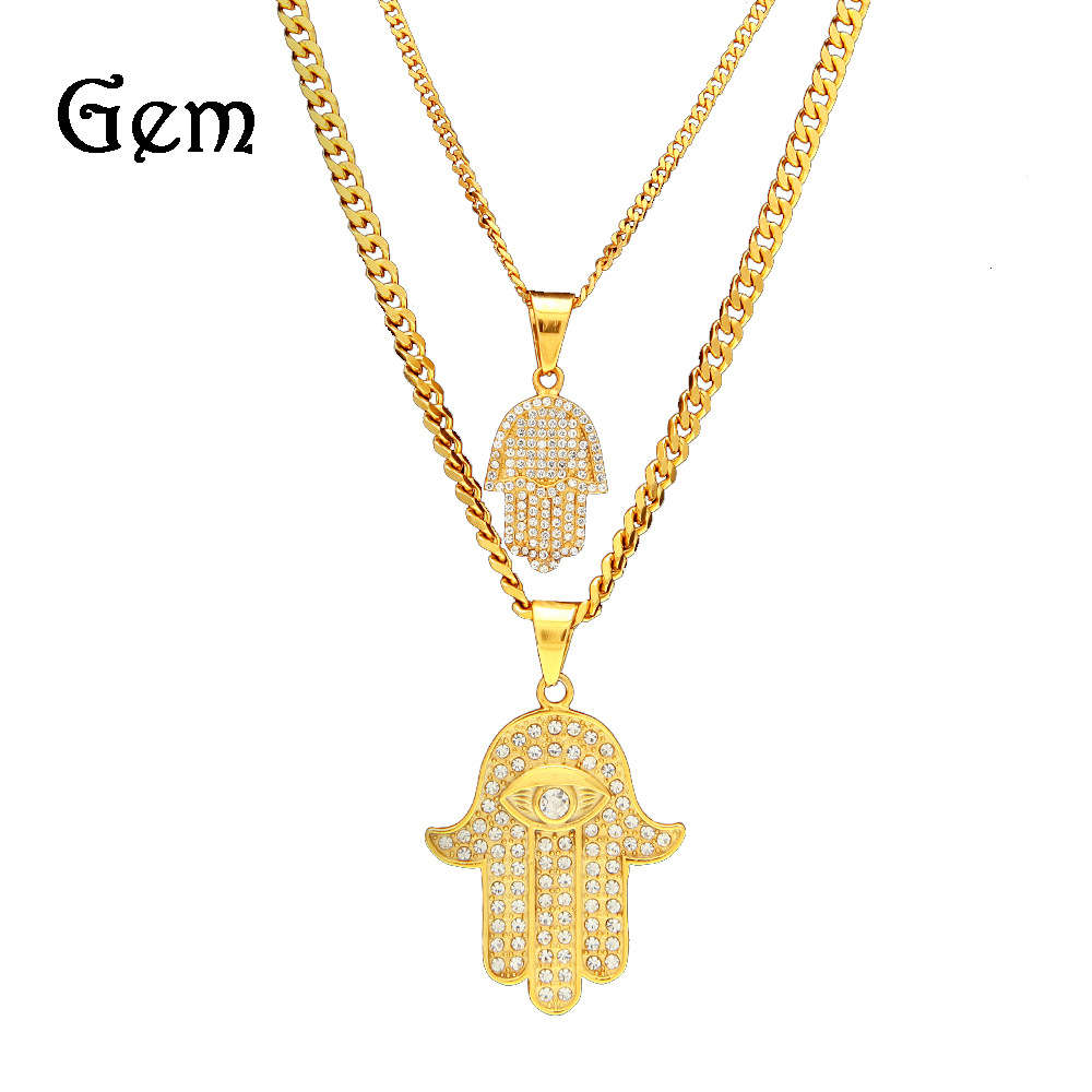 

New hip hop men's stainless steel diamond set Fatima hand Necklace 2 Pack