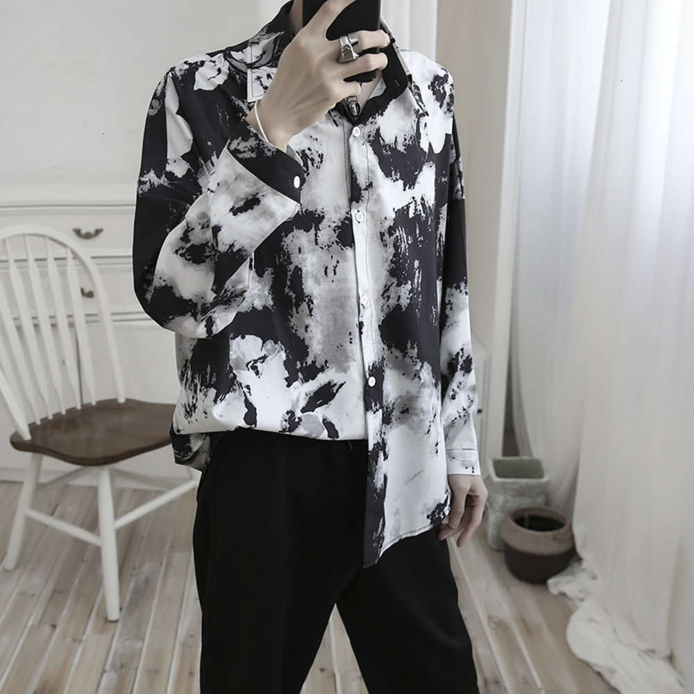 

Beautiful flower men's long sleeve Korean fashion student handsome loose lazy style printed shirt, White;black