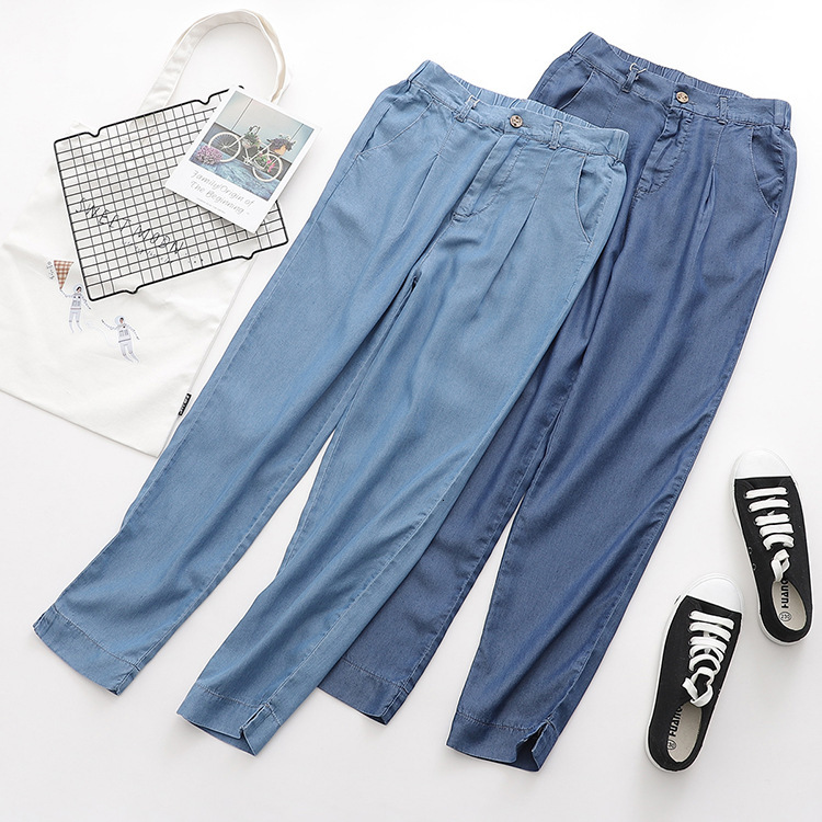 

jeans m7492 - korean women's clothing 2021 summer high waist pants with split hems, Blue