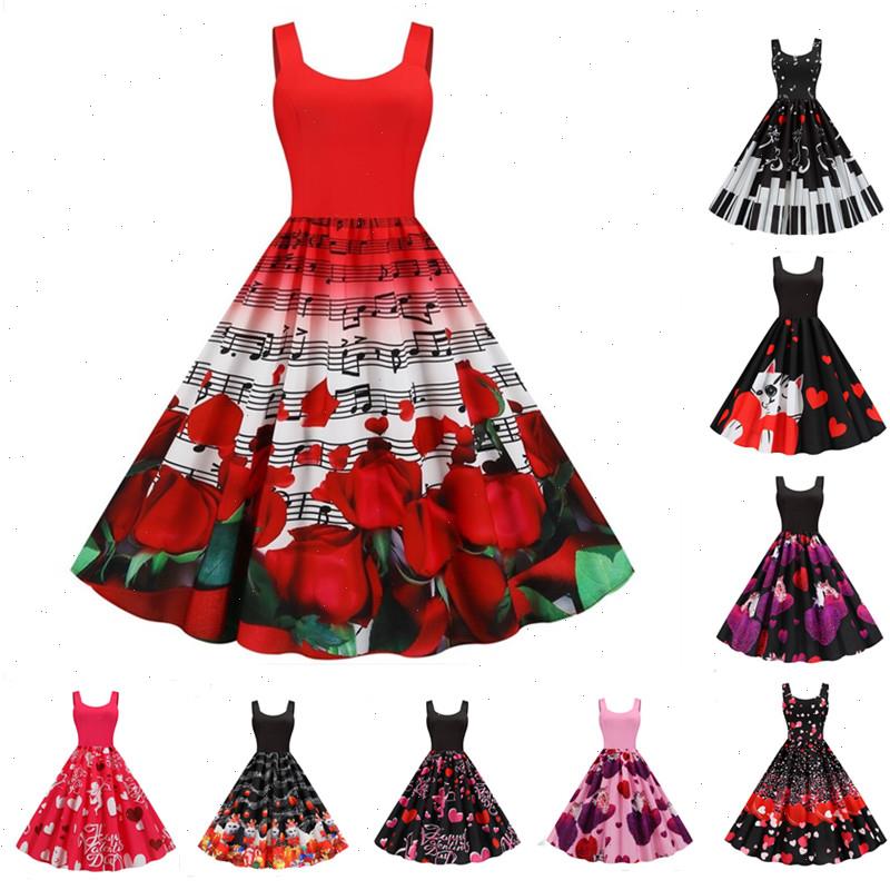 

Summer Music Note Floral Print Women Sexy Year Party Dress Spaghetti Strap Vintage Swing Robe Valentines Vestidos, B03