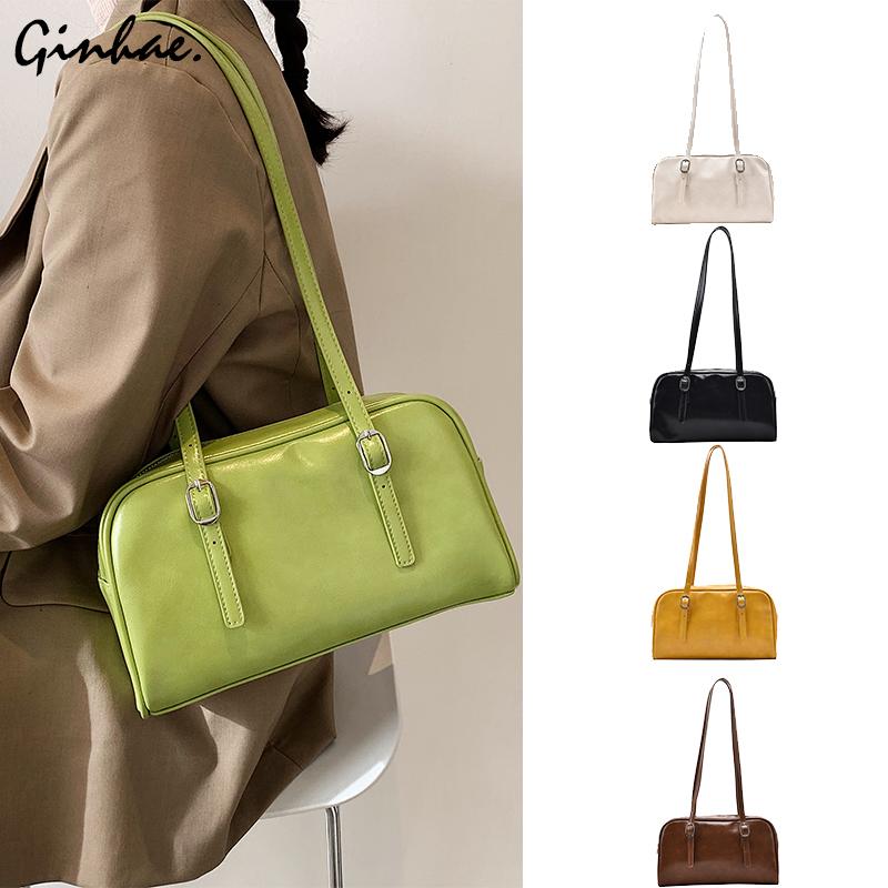 

Vintage PU Leather Underarm Bag 2021 Korean Style New Zipper Large Capacity Handbag Classic Boston Bag Green Shoulder Bolsas, Black