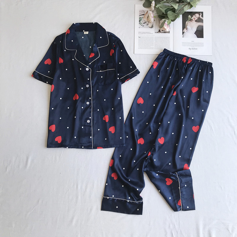 

Mrs. 2pcs Paige Summer Short Nightwear Roll Pointed Throat Siy1, Navy blue