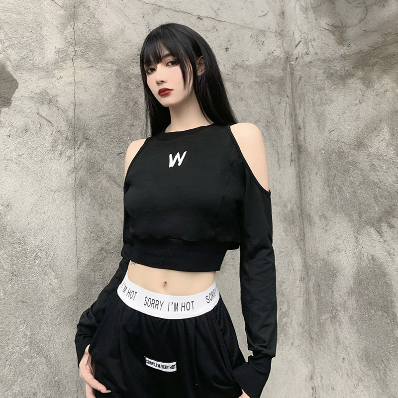 

Streetwear Off Shoulder Letter Print Loose Crop Top Women Hollow Out Long Sleeve Casual Tshirt Autumn Fashion New Top, White