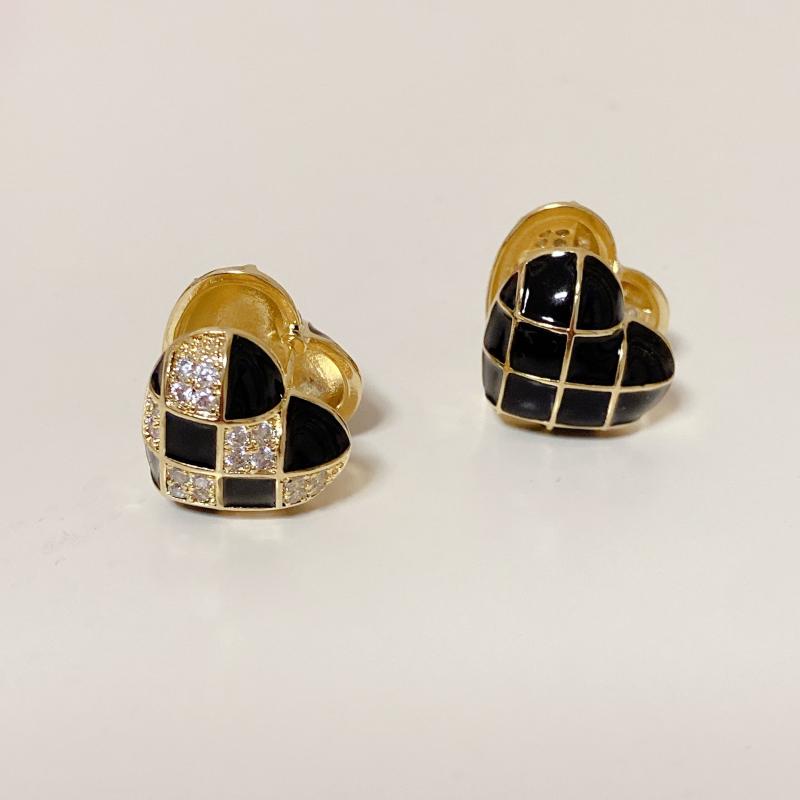 

Stud Design Fashion Jewelry Trend Black White Zircon Lattice Dripping Oil Love Earrings On Both Sides Women's Prom Party, Golden;silver