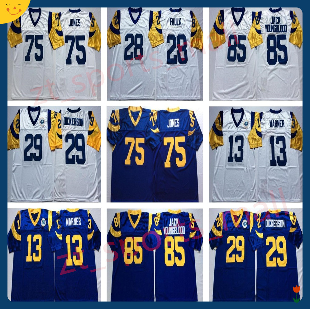 

NCAA Football 29 Eric Dickerson 13 Kurt Warner 28 Marshall Faulk Jersey 85 Jack Youngblood 75 Deacon Jones Blue White Mans Vintage, As shown in illustration