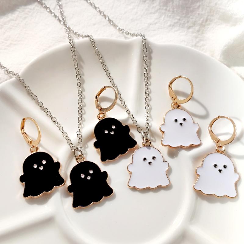

Earrings & Necklace Lovely Black White Ghost Jewelry Set For Women Fashion Cartoon Pendant Choker Hoop 2022 Trendy Party Gifts, Silver