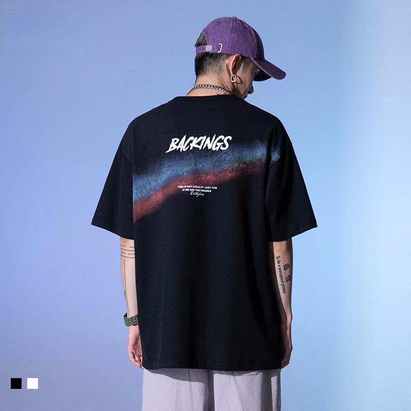 

Men's T-Shirts 2021 Summer Spray-dyed Rainbow Printed Short-sleeved T-shirt Trendy, Black