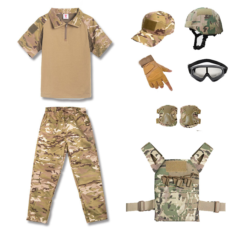 

Outdoor Sports Airsoft Gear Jungle Hunting Woodland Tactical BDU Helmet Vest Cap Set Combat Children Clothing Camouflage Kid Child Uniform CS BDU Set P05-400