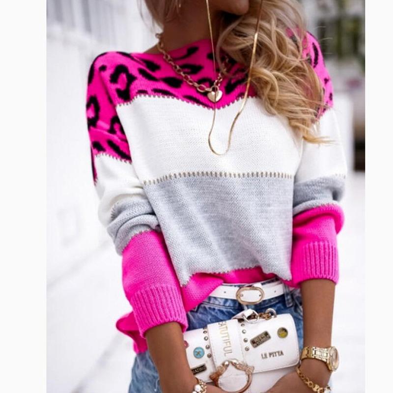 

Women's Sweaters Fall 2021 Leopard Knitted Sweater Women Fashion O-Neck Pullovers Full Sleeves Loose Crop, White;black