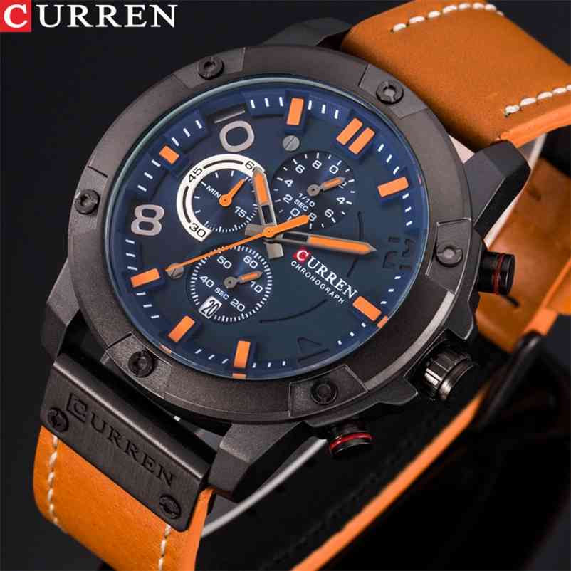

CURREN 8285 Top Brand Chronograph Quartz watches Men 24 Hour Date Sport Leather Wrist Watch 210608, Black blue