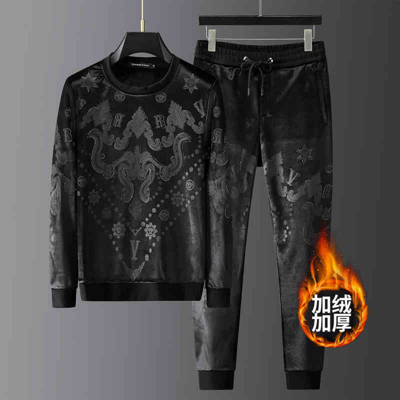 

Men's Tracksuits Golden velvet sweater set personalized diamond trend leisure sports with a of printed Plush warmth UHKO, 1# shoe box
