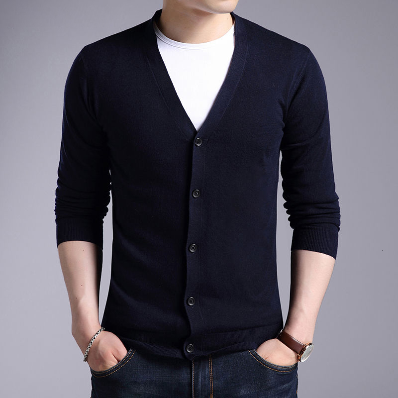 

2021 New Cardigan Autumn Winter Soft Warm Cashmere Wool Sweater Men Pure Color Classic Casual V-neck Cardigans Top H54u, Black
