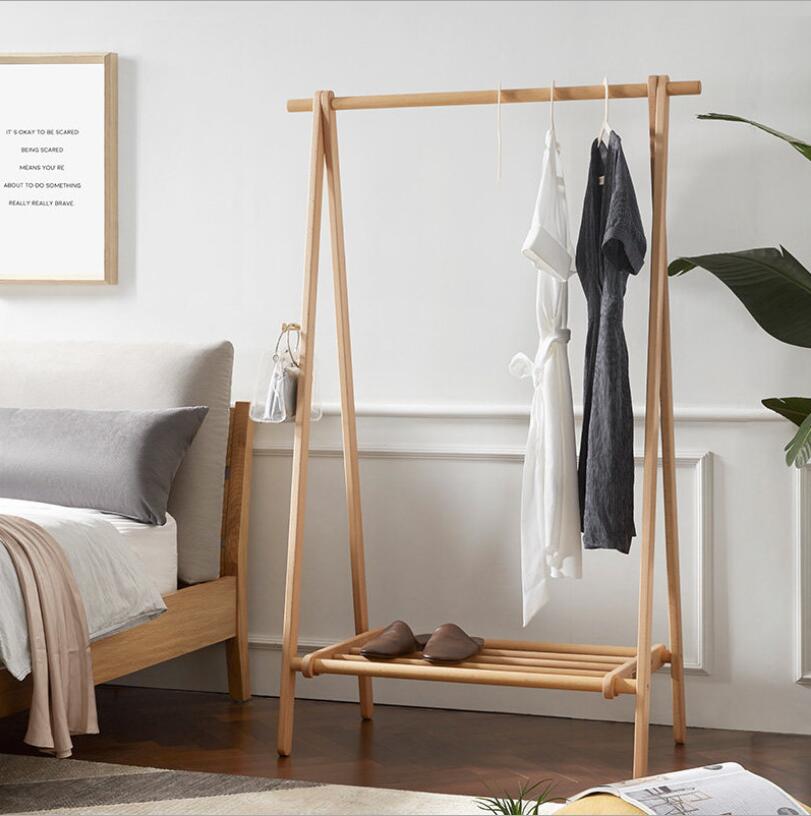 Solid wood floor coat hanger Bedroom Furniture simple Japanese beech folding RACK living room cloth racks-image-659380111