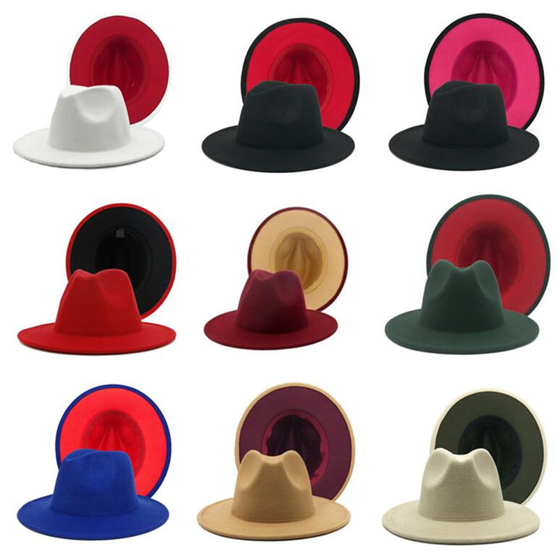

Patchwork Felt Fedora Hats Men Women Jazz Panama Cap Imitation Wool Double-Sided Color Wide Brim Hat Man Woman Fashion Travel Caps 49 colors wholesale, Blue;gray