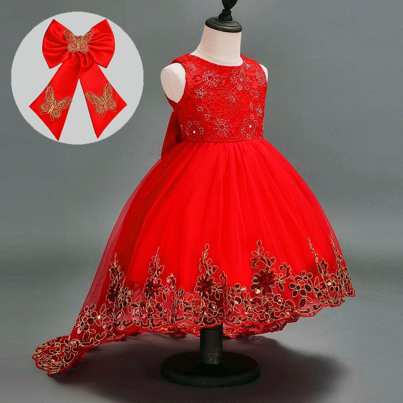 

Girl's Dresses Summer Big Bow Evening Girl Embroidery Child Princess Dress Children Clothing Party Wedding Prom 10 12 Year, Red;yellow