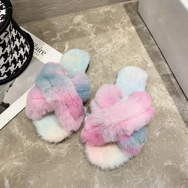 

Home Slippers Faux Fur Warm Shoes Woman Slip on Flats Female Fur Flip Flops Fashion Cross Shape Warm Shoes Woman Slip on Flats, Green