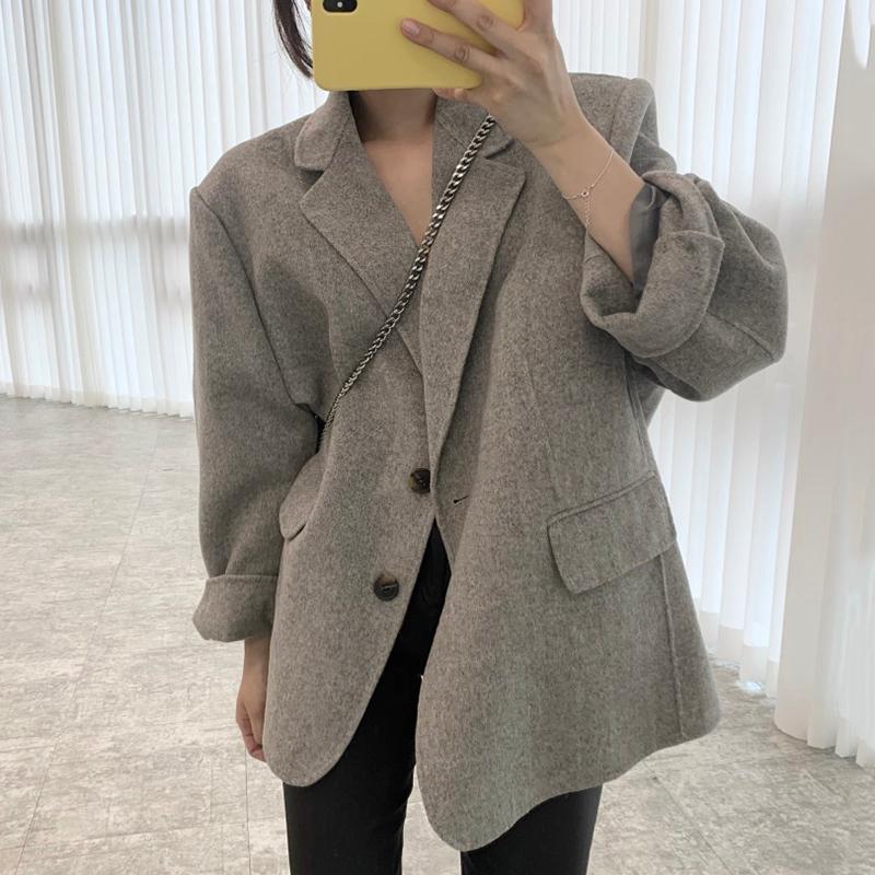 

Women's Wool & Blends Women Jacket 2021 Autumn Korean Chic Simple Elegant Temperament Lapel Two-Button Design Loose Long Sleeve Woolen Coats, Light gray