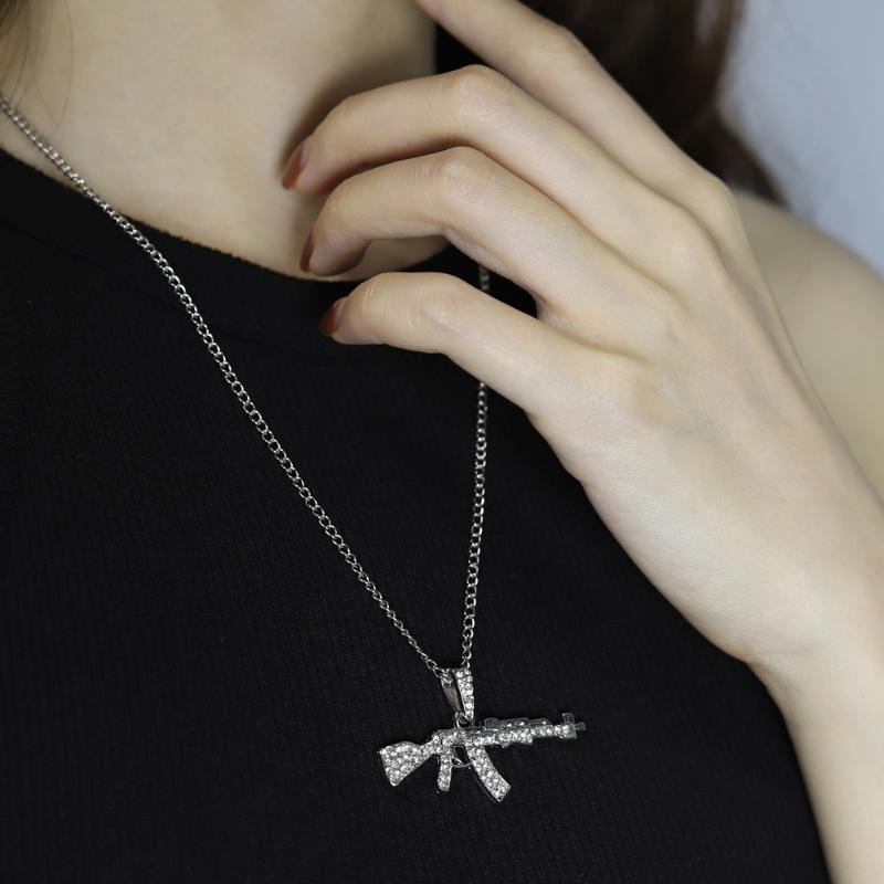 

Pendant Necklaces Fashion Choker For Women 2022 Gun Crystal Rhinestone Chain Necklace Men Punk Chains Jewelry Gift, Silver
