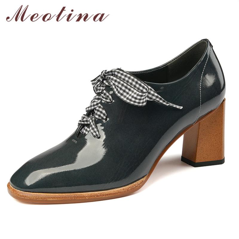 

Meotina High Heels Women Shoes Natural Genuine Leather Thick High Heels Shoes Cow Patent Leather Lace Up Pumps Ladies Size 34-41, Black