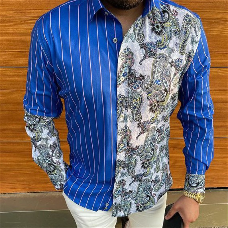 

high new luxury blouse men striped plaid print Shirt Fashion Casual long Sleeve Printed Shirts Plus size Blouses, As picture 7
