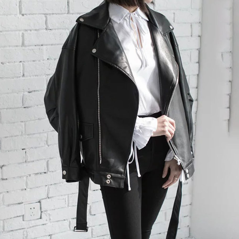 

2021 Korean Oversized Black Pu Jackets New Spring High Quality Turn-down Collar Zipper Loose Faux Leather Coat Casual Outwear L5n8, Basic