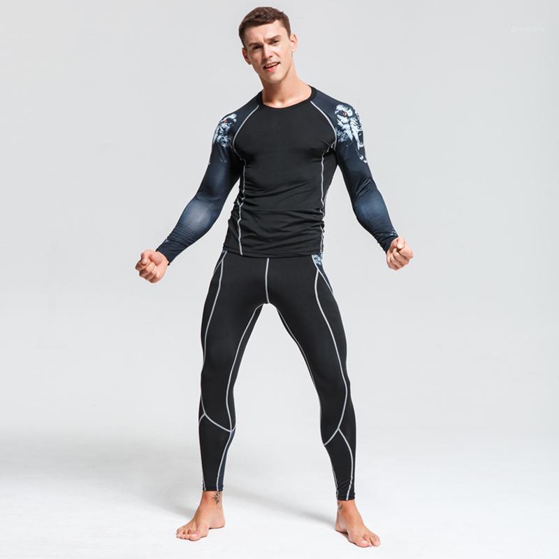 

Running Sets Men's SeLong Sleeve Tights Gym Suit Man Sports Compression Clothing Rashgard Male Crossfit T Shirt Teen Wolf Head, Black;blue