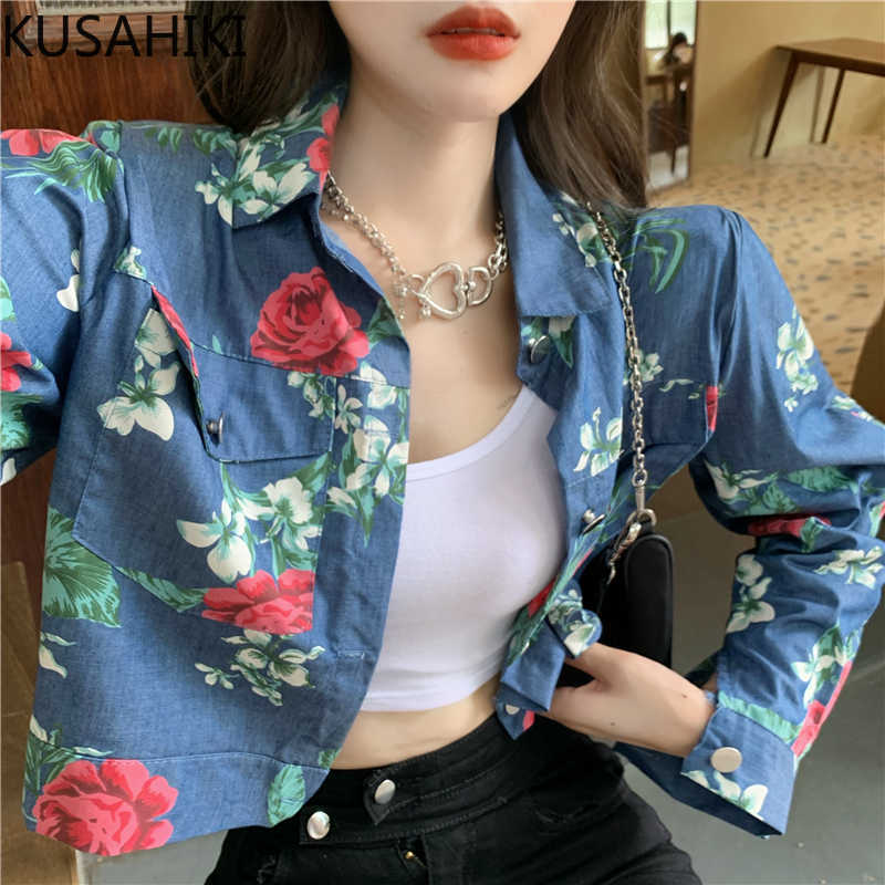 

Causal Short Women Jean Coat Korean Rose Printed Cowboy Spring Long Sleeve Turn-down Collar Demin Jacket 6E753 210603, Blue