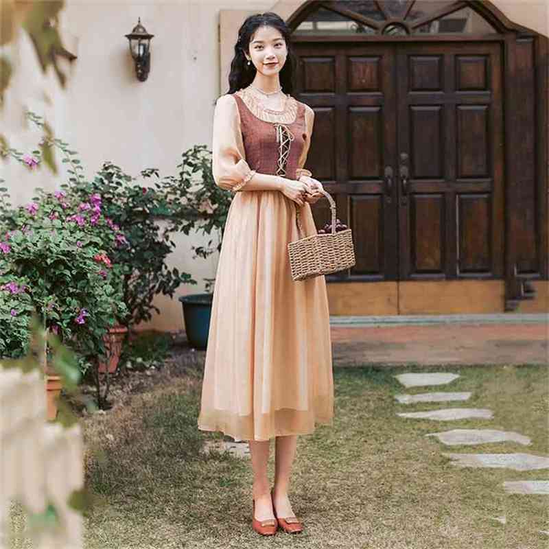 

Summer Cotton Plaid Patchwork Voile O-neck Long Women Dress Fake Set Mid-Calf Prairie Chic Fit and Flare Vestidos 210603, Blue