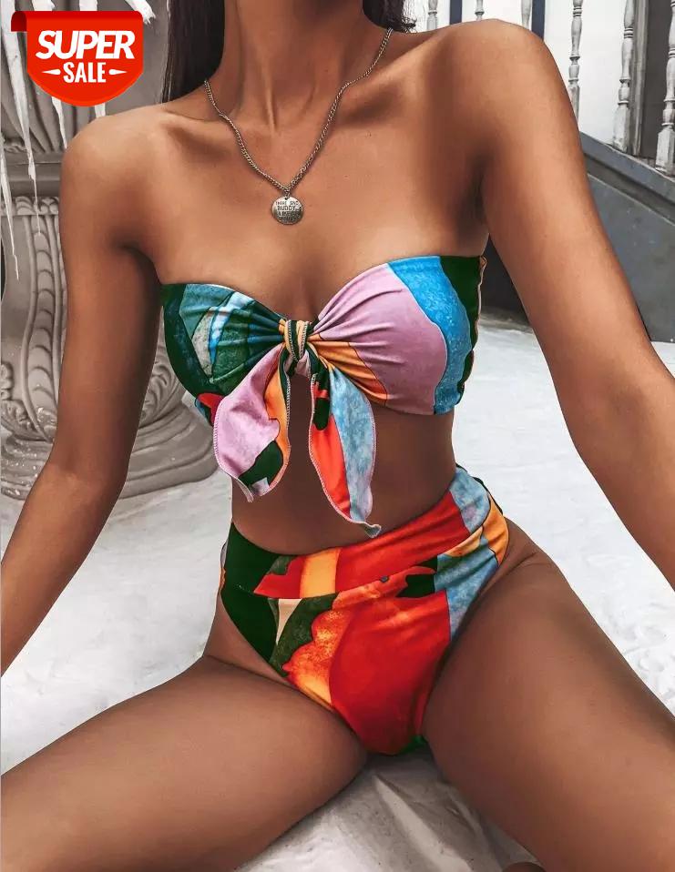 

Yiiciovy Sexy Women Strapless bandage Bandeau Push Up Floral printed Bikini Set lace up femme summer Swimwear swimsuit beachwear #pV70, White;black