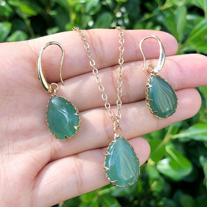 

Earrings & Necklace SAY HELLO Green Aventurines Stone Teardrop Dangle Chain Pendant Set For Women Handmade Jewelry K7050, As pic