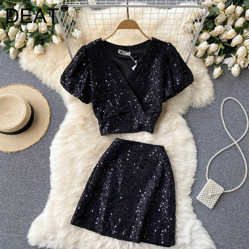 

DEAT Women Sequined Puff Sleeve Crop Top Skirt Short Two Piece Set Fashion Temperament Spring Summer 11D 210709, Black