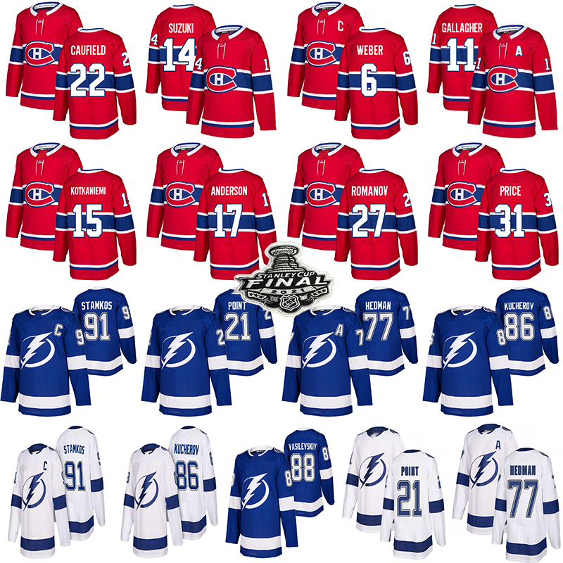 

22 Cole Caufield Montreal Canadiens hockey jerseys 14 Nick Suzuki 31 Carey Price Tampa Bay Lightning 91 Steven Stamkos 86 Kucherov 77 Hedman, Black;red
