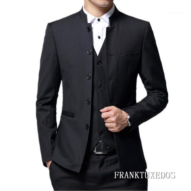 

Men 3 Piece Suit (Jacket+Pant+Vest) Chinese Style Stand Collar Male Wedding Groom Slim Fit Plus Size 5XL Blazer Set Tuxedo Men's Suits & Bla, As picture