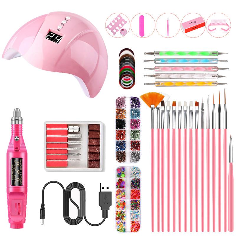 

New 12 Pcs Nail Art Manicure Tools Uv Gel Nail Polish Set With Uv Lamp USB Grinding Machine Point Pen Kit Accessories Pink