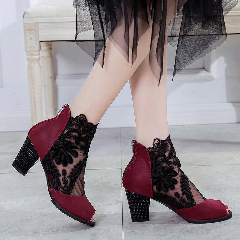 

Sandals Women Pumps Zipper Woman Office Dress Footwear Peep Toe High Heels Mesh Lace Floral Fashion Shoes Spring Summer, Black