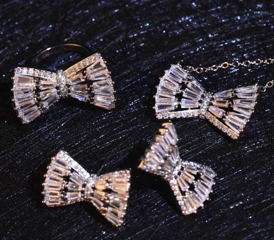 Earrings & Necklace Romantic Trendy Silver 925 Jewelry Sets For Women Fairy Bowknot Zircon Necklaces Rings Casual Luxury Girl Accessoires-image-745319509