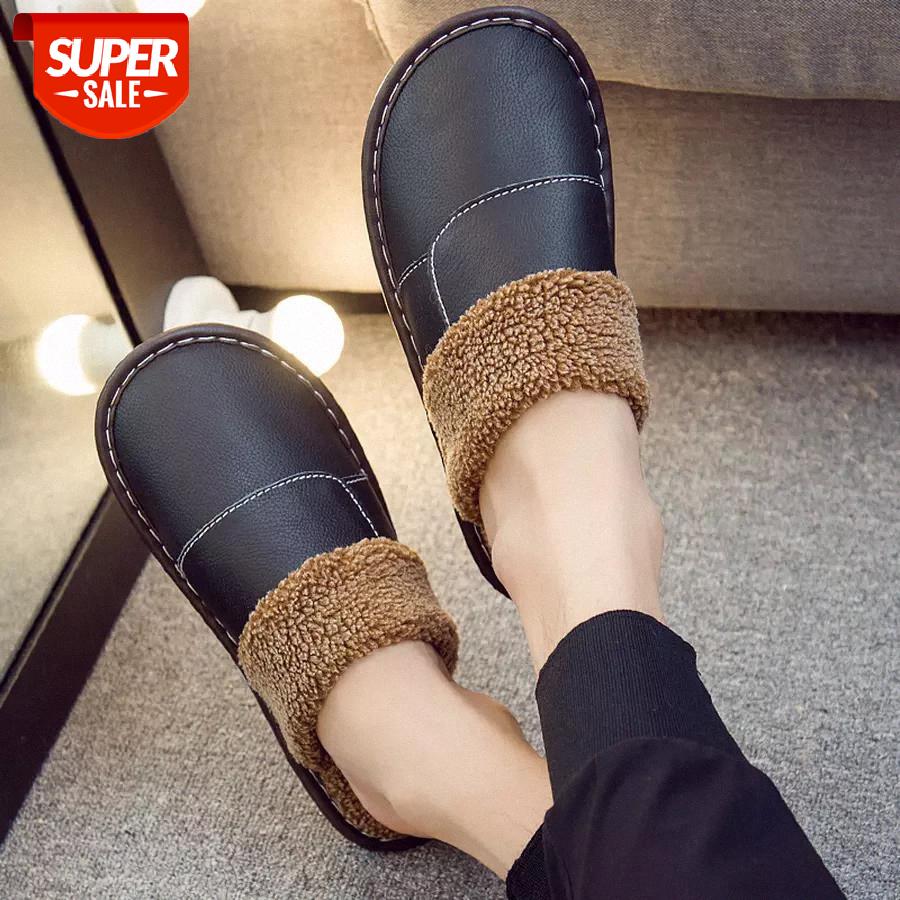 

LCIZRONG Winter Genuine Leather Plush Home Slippers for Men Warm 46 Big Size Male /Women House Shoes Unisex Comfortable Slippers #qH9M, Black