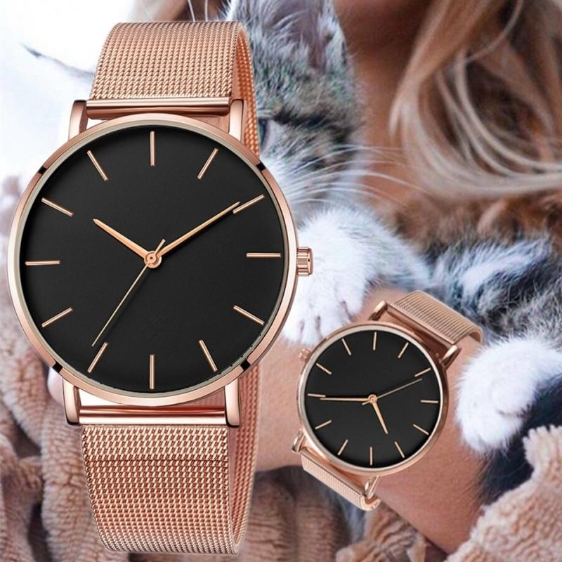 

Wristwatches Fashion Women Mesh Belt Quartz Watch Stainless Steel Ladies' Business Casual Wristwatch Brand, Black