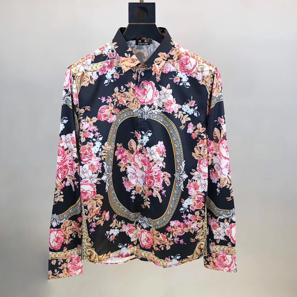 

2021 New Men 100% Algodo Dos Homens Royal Floral Impresso Vestido Camisa Masculina De Alta Qualidade Magro Ajuste Camisas Casuais Dvs6, Black