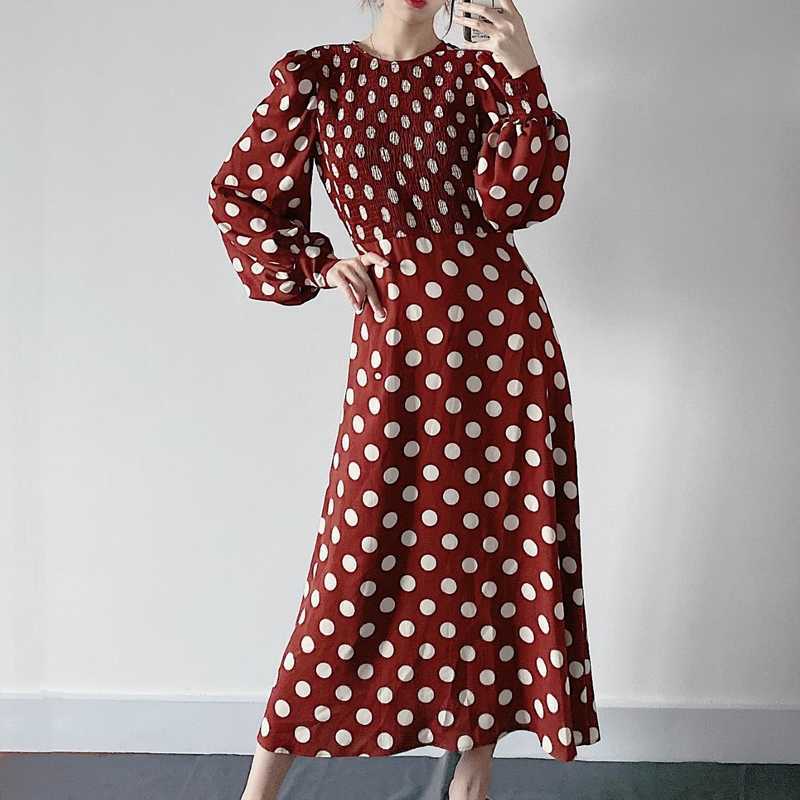 

Women Long Dress Autumn Fashion Full Sleeve O-Neck Polka Dot Prints Feminino Vestidos 210602, As photo 9982