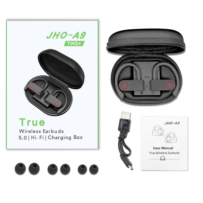 

JHO A9 TWS Wireless Bluetooth 5.0 Headphones Sports Earphone Ear Hook Running Noise Cancelling Stereo Earbuds, Black