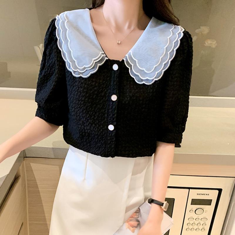 

Women' Blouses & Shirts Lace Stitching Ladies Summer In 2021, The Snow Spins Unlined Upper Garment Jacket Design Feeling Short Sleeve Shirt, See chart