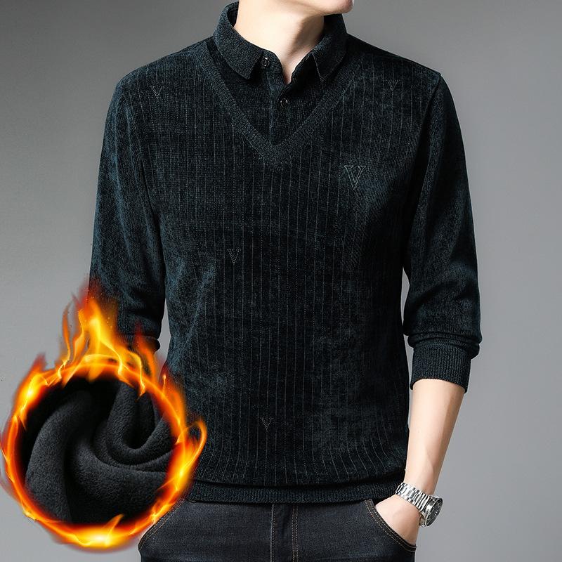 

Men's Sweaters 2021 Autumn Winter Fake Two-piece Plus Velvet Padded Shirt Collar Warm Sweater Korean Simple Men Tide, White;black