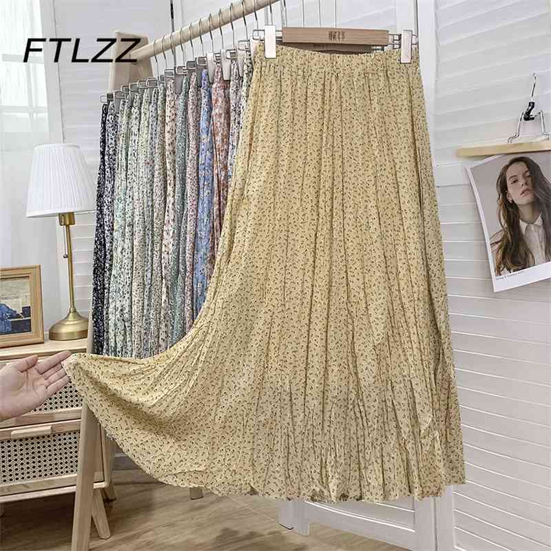

Women Bohemia Skirts Summer Ruffles Hith Waist Vintage Floral Printed Pleated Skirt Ladies Beach Chiffon Bottoms 210602, 928-77